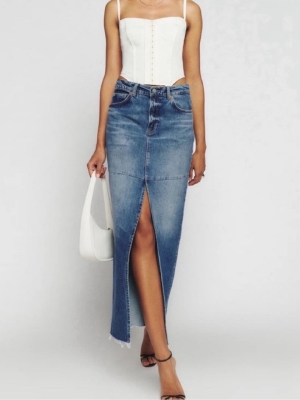 NWT Reformation Jeans Denim Maxi Skirt Size 27 Raw Hem Front Slit